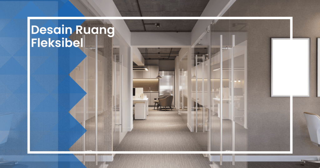 Desain ruang kantor minimalis dengan sofa ditengahnya.
